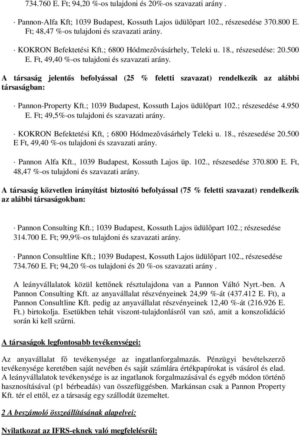 A társaság jelentıs befolyással (25 % feletti szavazat) rendelkezik az alábbi társaságban: Pannon-Property Kft.; 1039 Budapest, Kossuth Lajos üdülıpart 102.; részesedése 4.950 E.