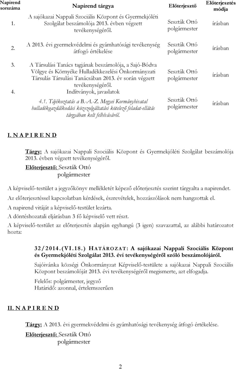 A Társulási Tanács tagjának beszámolója, a Sajó-Bódva Völgye és Környéke Hulladékkezelési Önkormányzati Társulás Társulási Tanácsában 2013. év során végzett tevékenységéről. 4.