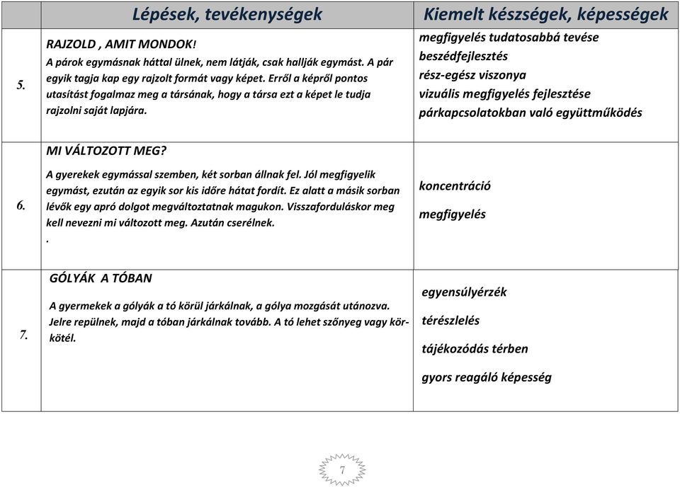 Kiemelt készségek, képességek megfigyelés tudatosabbá tevése beszédfejlesztés rész-egész viszonya vizuális megfigyelés fejlesztése párkapcsolatokban való együttműködés 6. MI VÁLTOZOTT MEG?