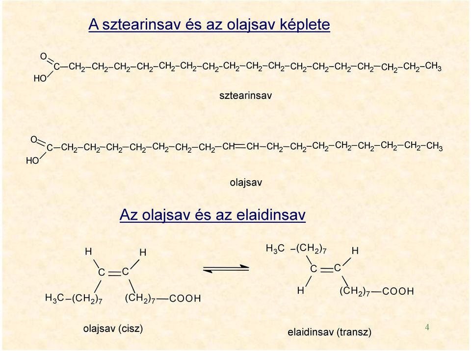 CH 2 CH 2 CH 2 CH 2 CH 2 CH 2 CH 2 CH 3 olajsav Az olajsav és az elaidinsav H H H 3 C (CH 2 )