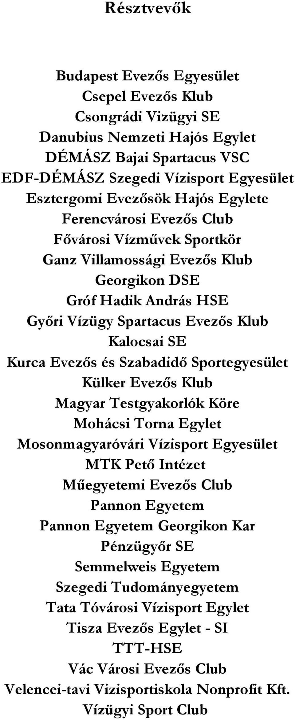 Sportegyesület Külker Evezős Klub Magyar Testgyakorlók Köre Mohácsi Torna Egylet Mosonmagyaróvári Vízisport Egyesület MTK Pető Intézet Műegyetemi Evezős Club Pannon Egyetem Pannon Egyetem Georgikon