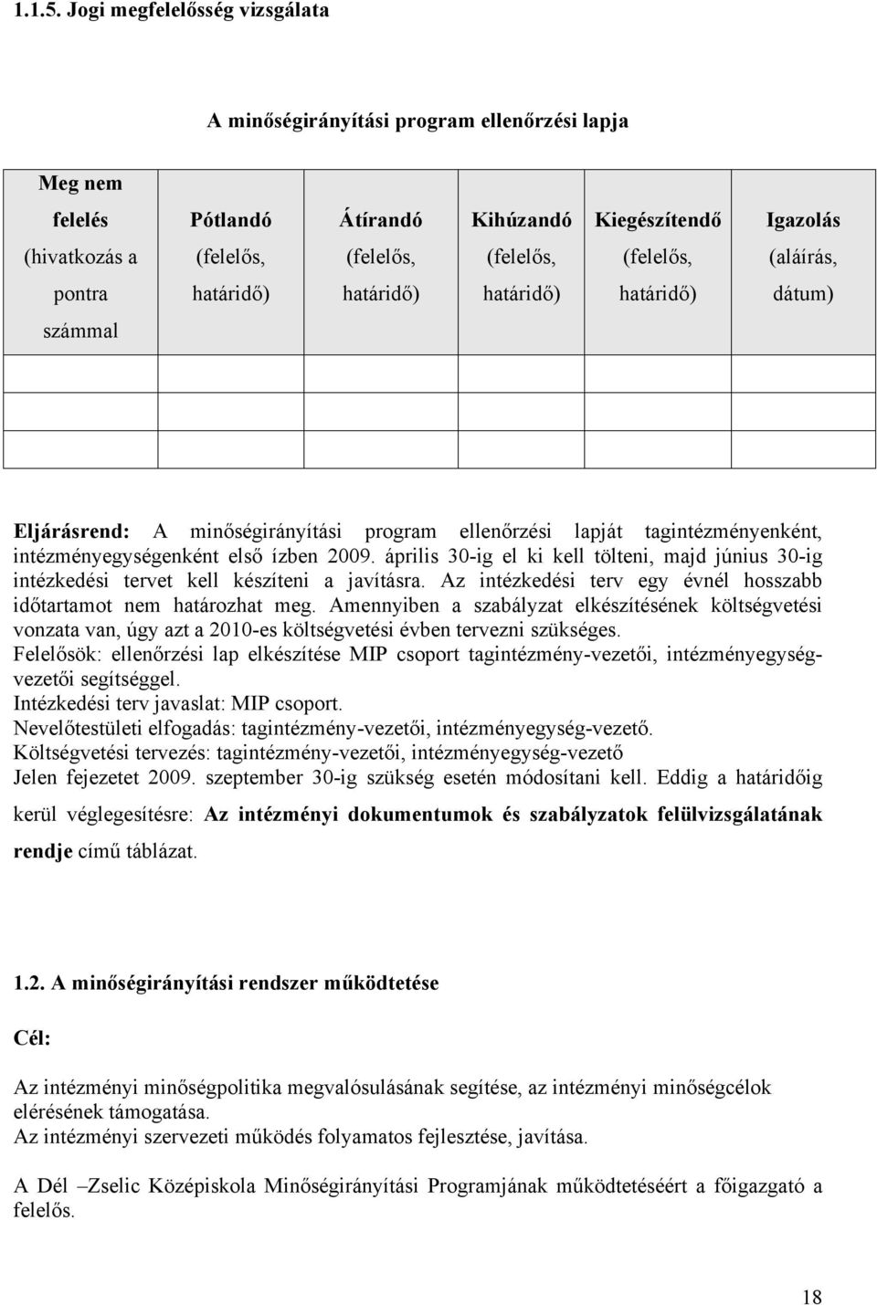 pontra határidő) határidő) határidő) határidő) dátum) számmal Eljárásrend: A minőségirányítási program ellenőrzési lapját tagintézményenként, intézményegységenként első ízben 2009.