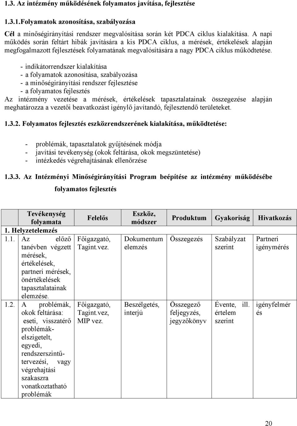 - indikátorrendszer kialakítása - a folyamatok azonosítása, szabályozása - a minőségirányítási rendszer fejlesztése - a folyamatos fejlesztés Az intézmény vezetése a mérések, értékelések