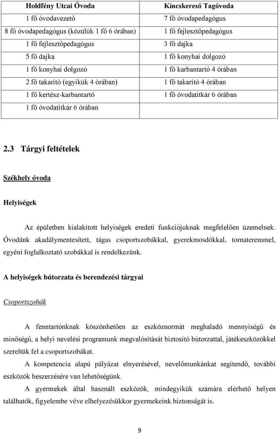 3 Tárgyi feltételek Székhely óvoda Helyiségek Az épületben kialakított helyiségek eredeti funkciójuknak megfelelően üzemelnek.