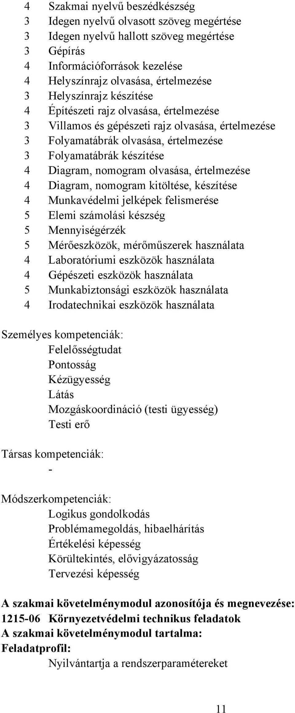 olvasása, értelmezése 4 Diagram, nomogram kitöltése, készítése 4 Munkavédelmi jelképek felismerése 5 Elemi számolási készség 5 Mennyiségérzék 5 Mérőeszközök, mérőműszerek használata 4 Laboratóriumi