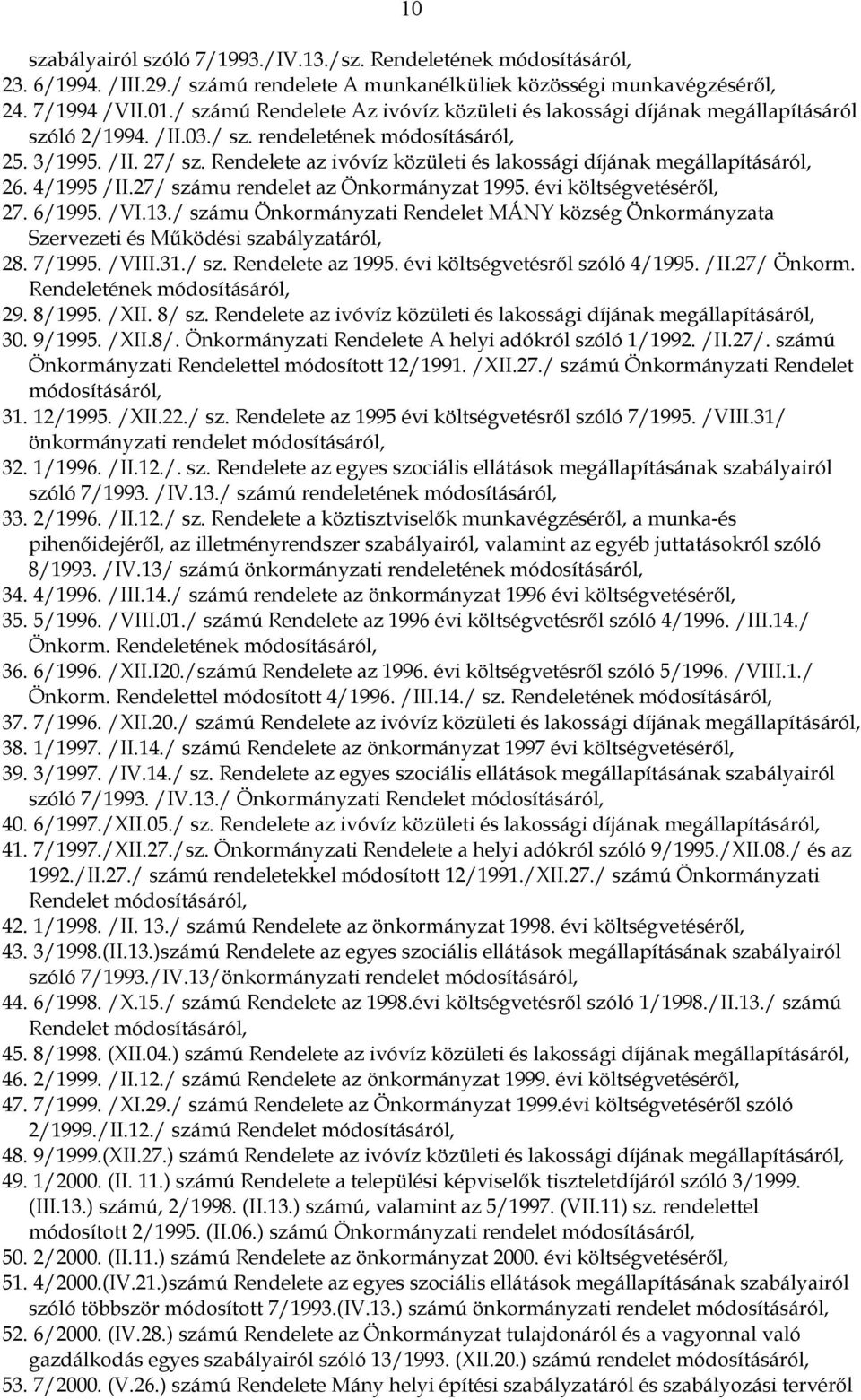 Rendelete az ivóvíz közületi és lakossági díjának megállapításáról, 26. 4/1995 /II.27/ számu rendelet az Önkormányzat 1995. évi költségvetéséről, 27. 6/1995. /VI.13.