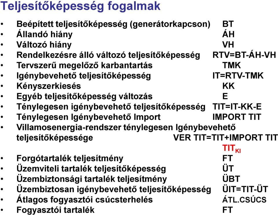 Ténylegesen Igénybevehető Import IMPORT TIT Villamosenergia-rendszer ténylegesen Igénybevehető teljesítőképessége VER TIT=TIT+IMPORT TIT TIT KI Forgótartalék teljesítmény FT