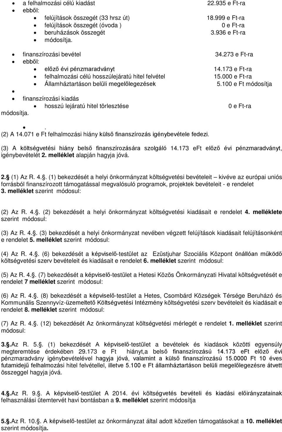 100 e Ft módosítja finanszírozási kiadás hosszú lejáratú hitel törlesztése 0 e Ft-ra módosítja.. (2) A 14.071 e Ft felhalmozási hiány külső finanszírozás igénybevétele fedezi.