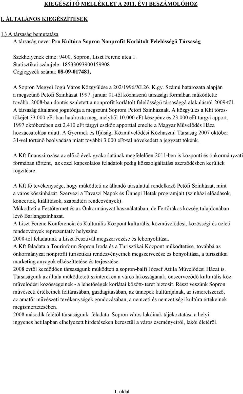 Statisztikai számjele: 18533093900159908 Cégjegyzék száma: 08-09-017481, A Sopron Megyei Jogú Város Közgyűlése a 202/1996/XI.26. K.gy. Számú határozata alapján a megszűnő Petőfi Színházat 1997.