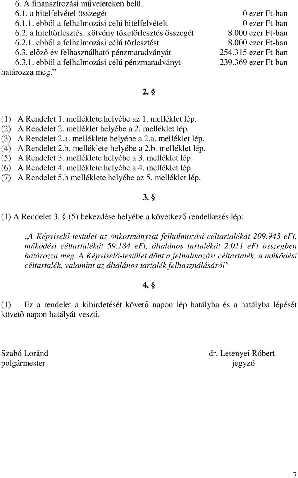 3.1. ebből a felhalmozási célú pénzmaradványt 239.369 ezer Ft-ban határozza meg. 2. (1) A Rendelet 1. melléklete helyébe az 1. melléklet lép. (2) A Rendelet 2. melléklet helyébe a 2. melléklet lép. (3) A Rendelet 2.