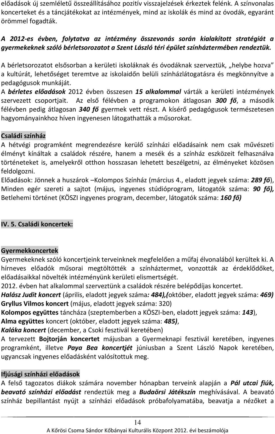 A 2012-es évben, folytatva az intézmény összevonás során kialakított stratégiát a gyermekeknek szóló bérletsorozatot a Szent László téri épület színháztermében rendeztük.