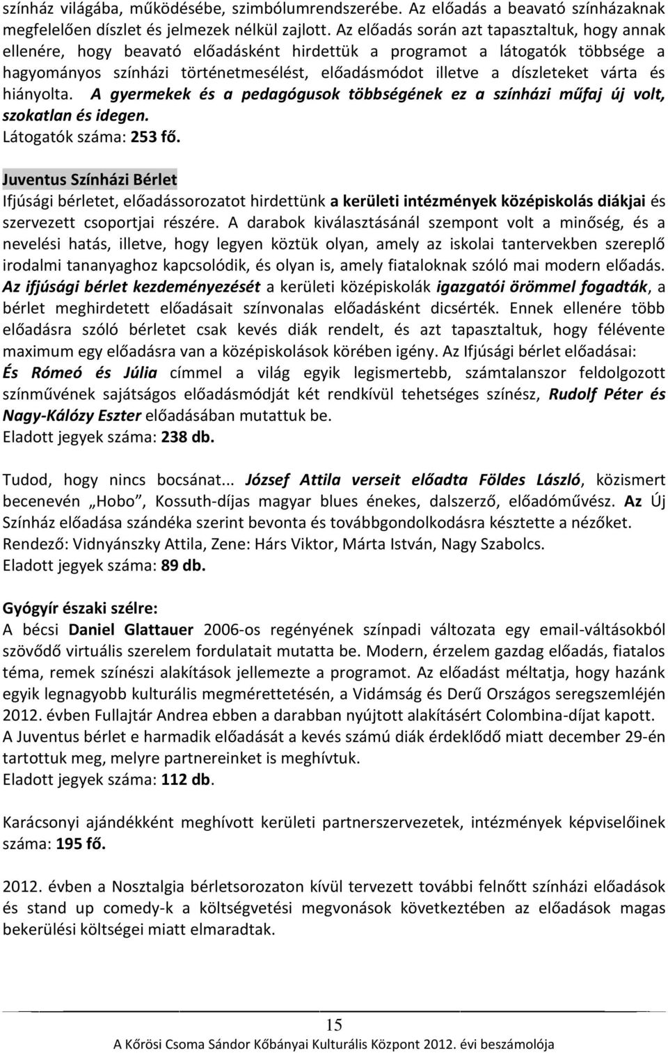 várta és hiányolta. A gyermekek és a pedagógusok többségének ez a színházi műfaj új volt, szokatlan és idegen. Látogatók száma: 253 fő.