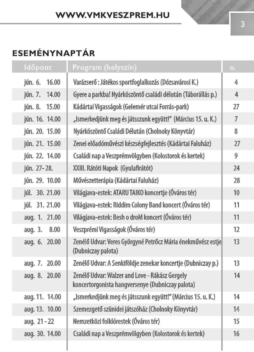 21. 15.00 Zenei előadóművészi készségfejlesztés (Kádártai Faluház) 27 jún. 22. 14.00 Családi nap a Veszprémvölgyben (Kolostorok és kertek) 9 jún. 27-28. XXIII. Rátóti Napok (Gyulafirátót) 24 jún. 29.