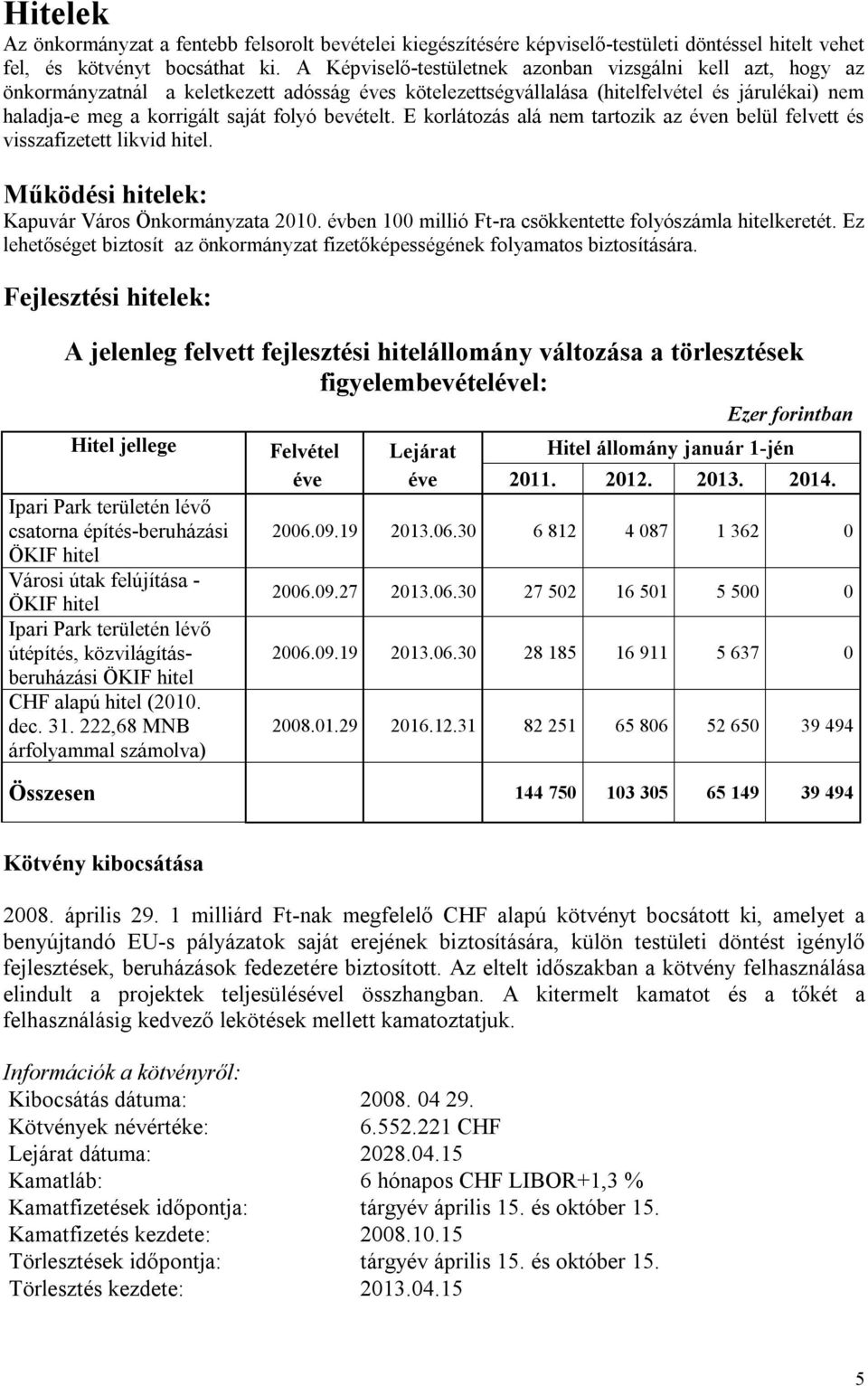 bevételt. E korlátozás alá nem tartozik az éven belül felvett és visszafizetett likvid hitel. Működési hitelek: Kapuvár Város Önkormányzata 2010.