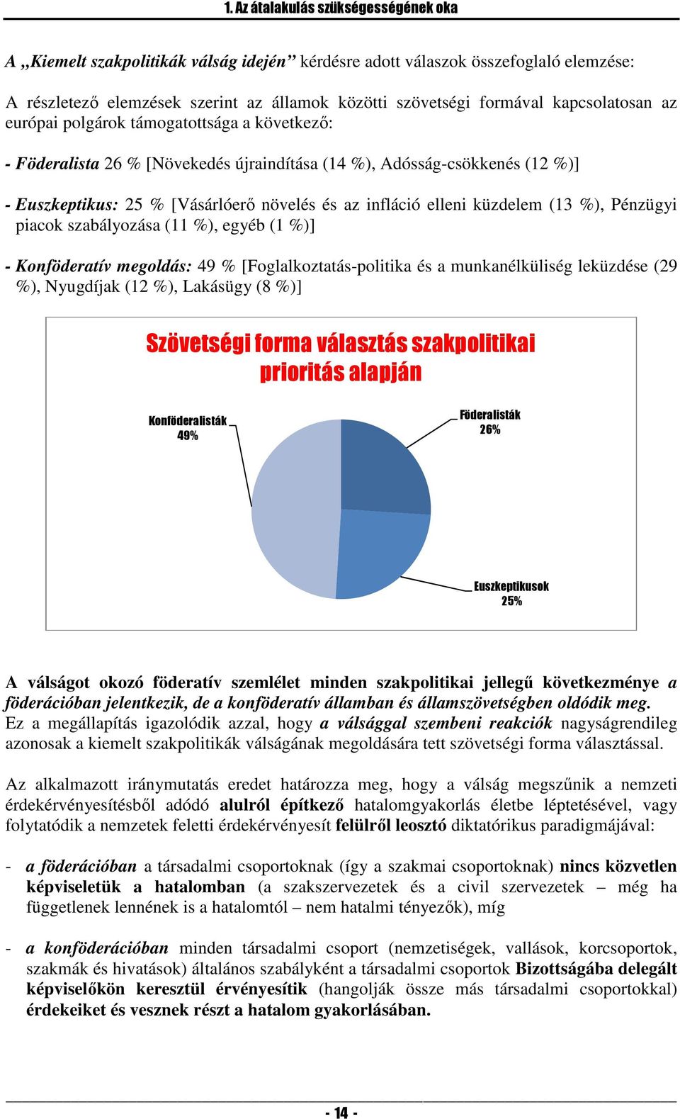 elleni küzdelem (13 %), Pénzügyi piacok szabályozása (11 %), egyéb (1 %)] - Konföderatív megoldás: 49 % [Foglalkoztatás-politika és a munkanélküliség leküzdése (29 %), Nyugdíjak (12 %), Lakásügy (8