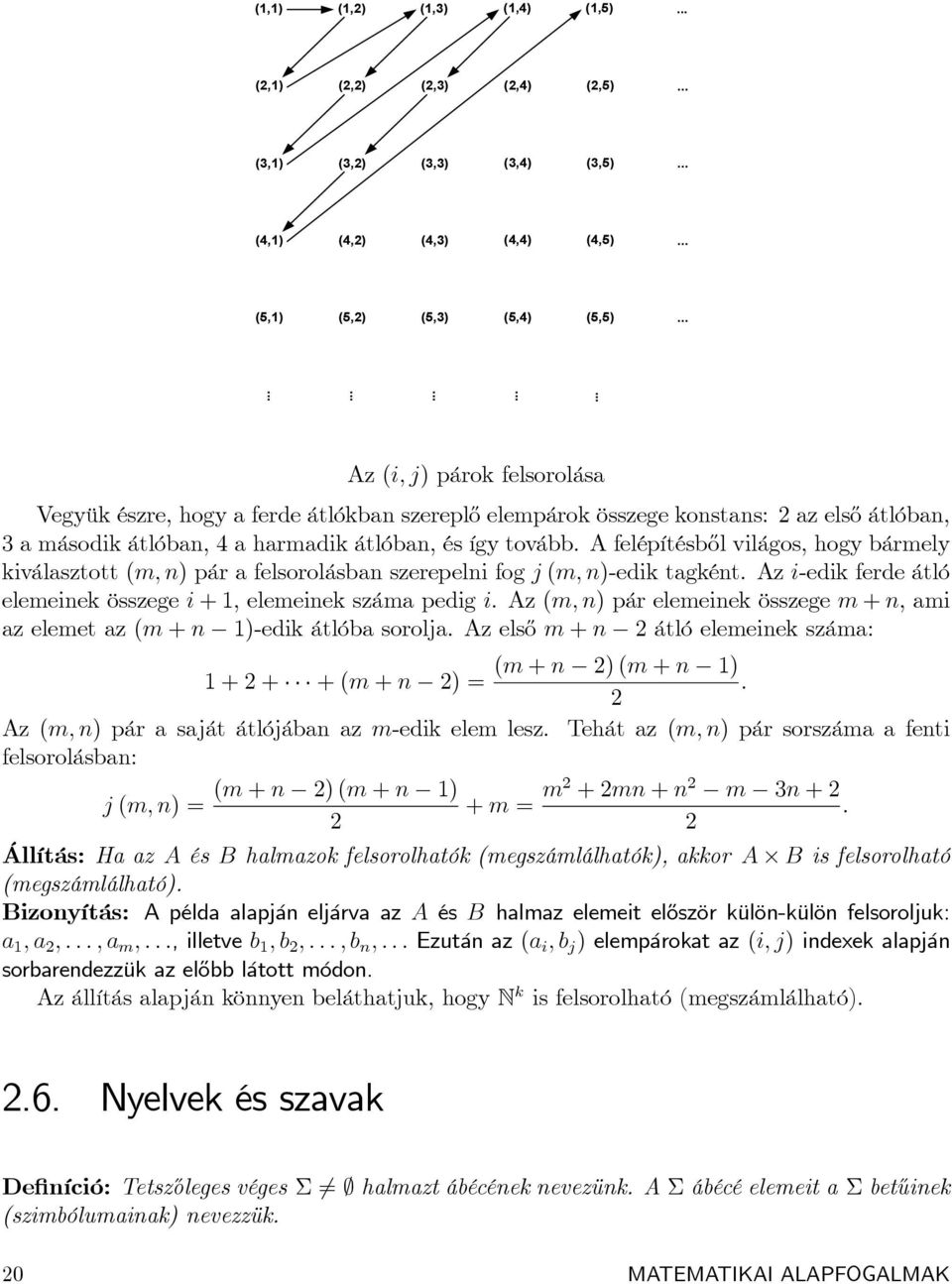 A felépítésb½ol világos, hogy bármely kiválasztott (m; n) pár a felsorolásban szerepelni fog j (m; n)-edik tagként. Az i-edik ferde átló elemeinek összege i + 1, elemeinek száma pedig i.