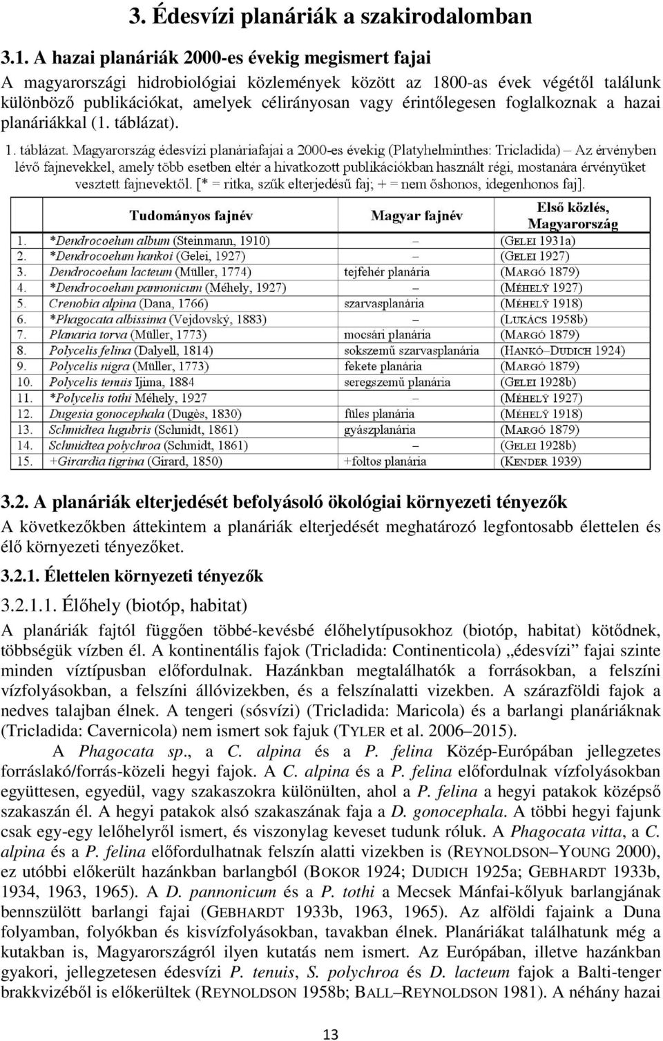 foglalkoznak a hazai planáriákkal (1. táblázat). 3.2.