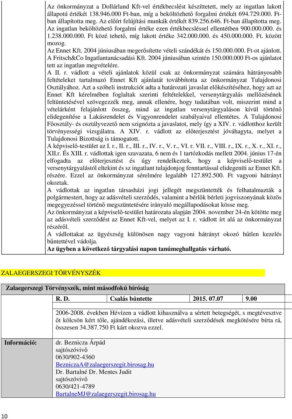 000.000. és 450.000.000. Ft. között mozog. Az Ennet Kft. 2004 júniusában megerősítette vételi szándékát és 150.000.000. Ft-ot ajánlott. A Fritsch&Co Ingatlantanácsadási Kft.