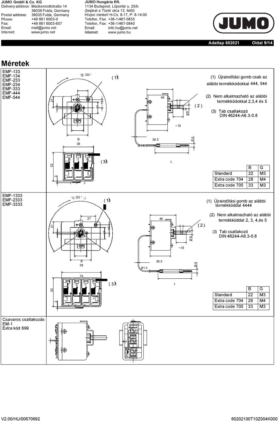 4 I II III 2 ( 3 ) ) L ~18 Ø 6 Ø d Ø 6 Ø d B G Standard 22 M3 Extra code 74 28 M4 Extra code 7 33 M3 ( 1 ) ) (1) Újraindítási gomb az alábbi termékkóddal 4444 27 46 B 36. 38 Ø 1.