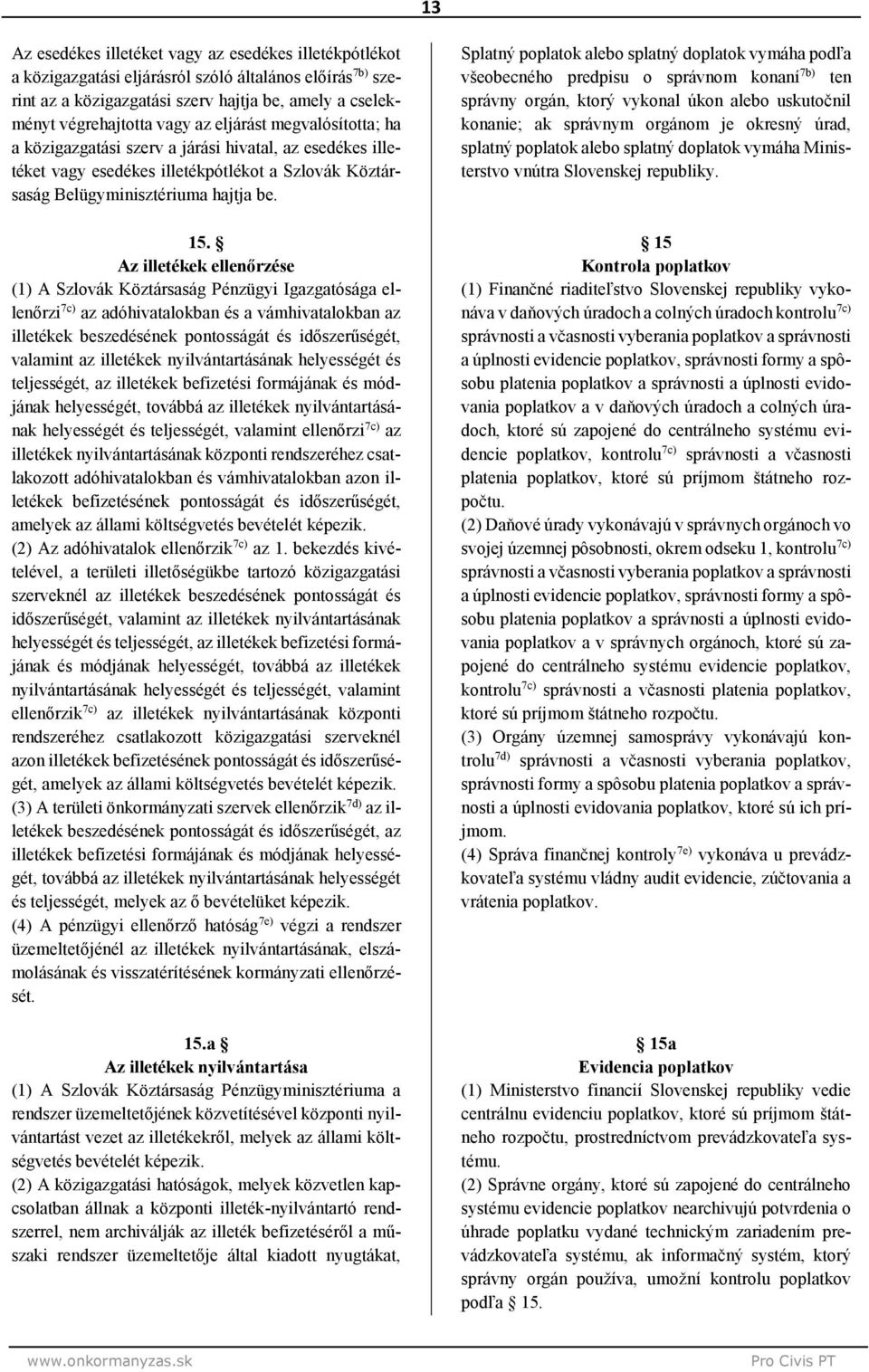 Az illetékek ellenőrzése (1) A Szlovák Köztársaság Pénzügyi Igazgatósága ellenőrzi 7 az adóhivatalokban és a vámhivatalokban az illetékek beszedésének pontosságát és időszerűségét, valamint az