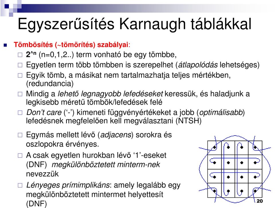 Mindig a lehető legnagyobb lefedéseket keressük, és haladjunk a legkisebb méretű tömbök/lefedések felé Don t care ( - ) kimeneti függvényértékeket a jobb (optimálisabb)