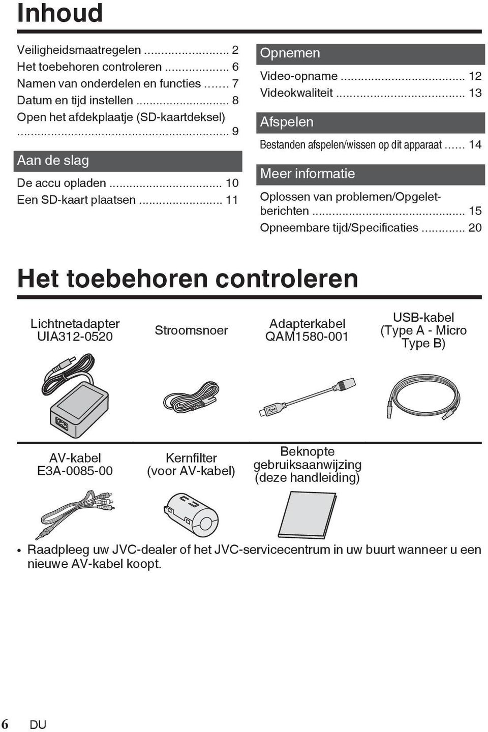 problemen/opgeletberichten 15 Opneembare tijd/specificaties 20 Het toebehoren controleren Lichtnetadapter UIA312-0520 Stroomsnoer Adapterkabel QAM1580-001 USB-kabel (Type A - Micro