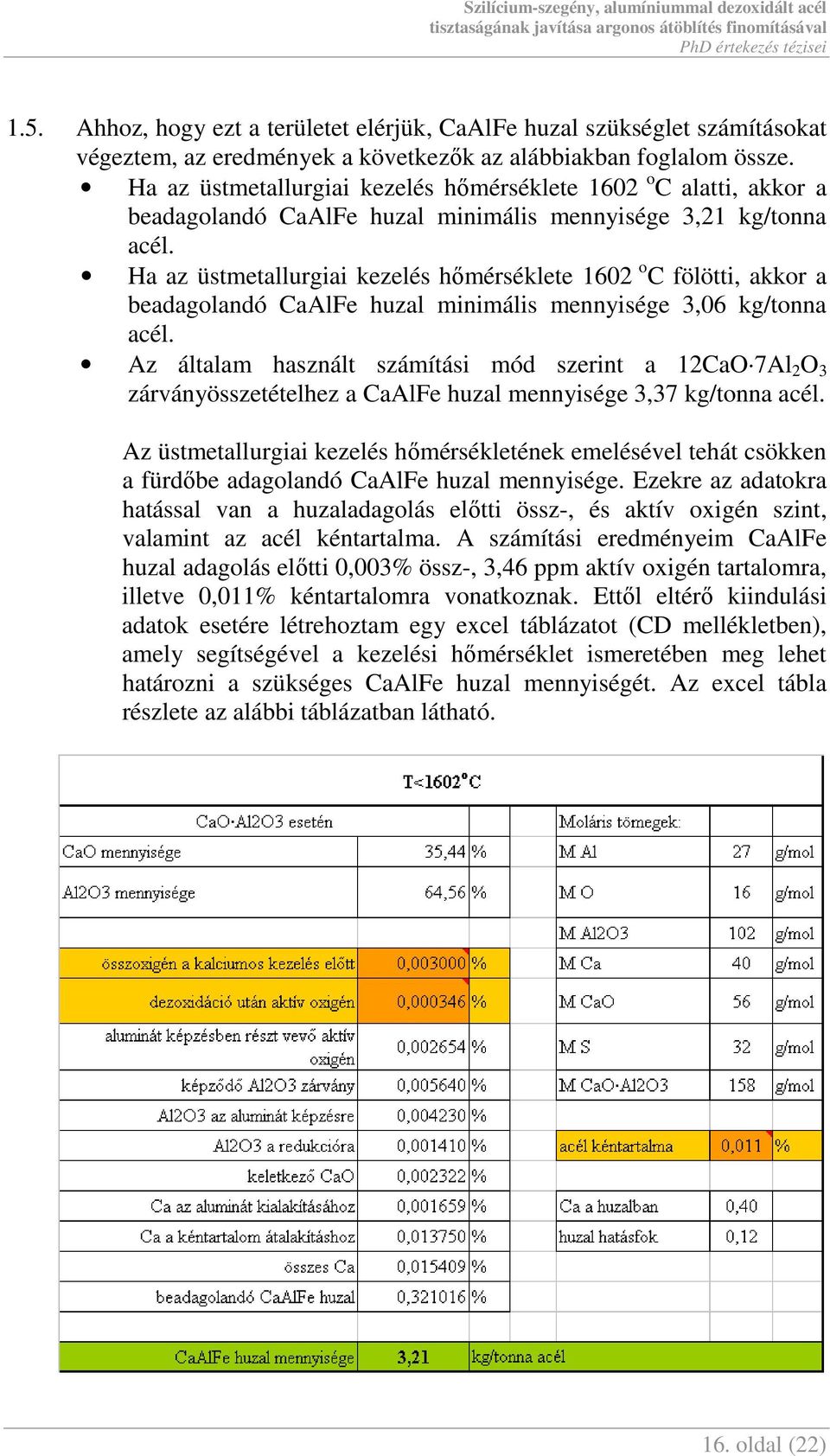 Ha az üstmetallurgiai kezelés hımérséklete 160 o C fölötti, akkor a beadagolandó CaAlFe huzal minimális mennyisége,06 kg/tonna acél.