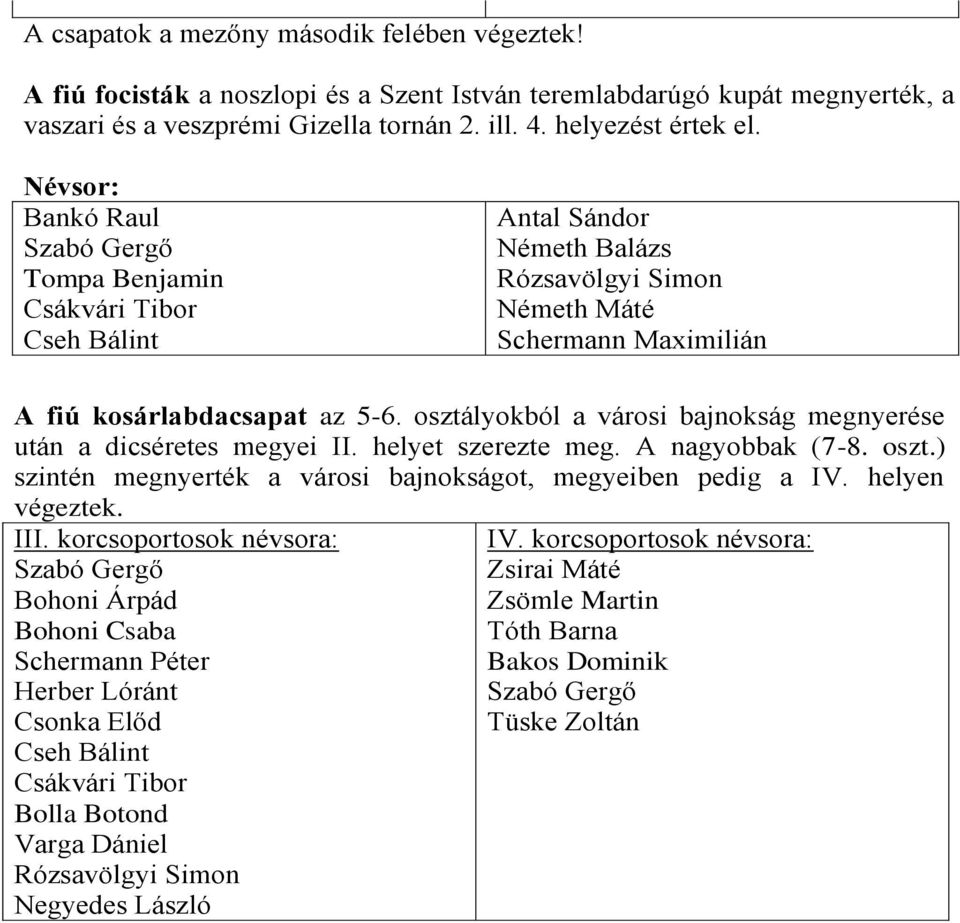 osztályokból a városi bajnokság megnyerése után a dicséretes megyei II. helyet szerezte meg. A nagyobbak (7-8. oszt.) szintén megnyerték a városi bajnokságot, megyeiben pedig a IV. helyen végeztek.