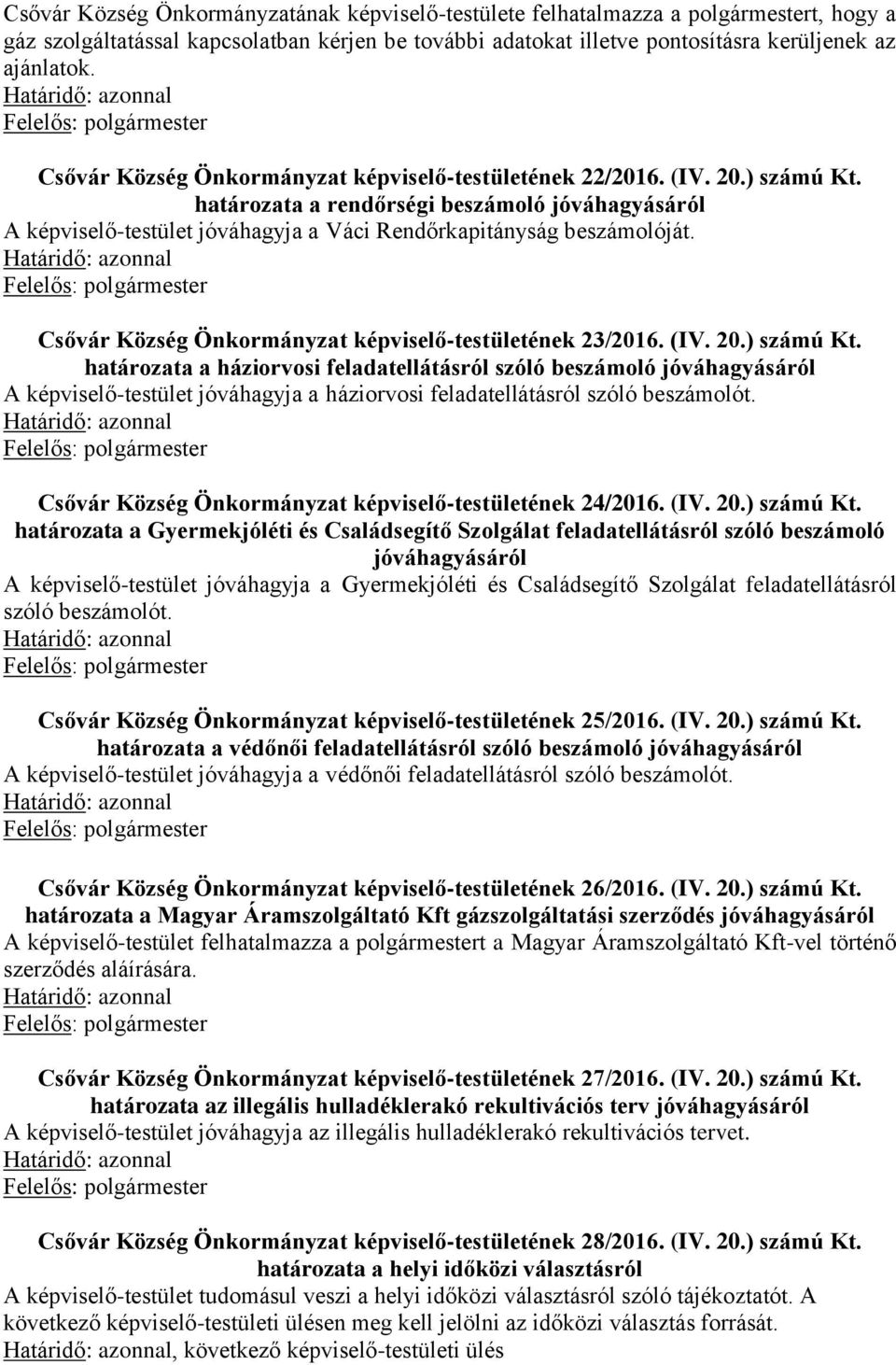 Csővár Község Önkormányzat képviselő-testületének 23/2016. (IV. 20.) számú Kt.