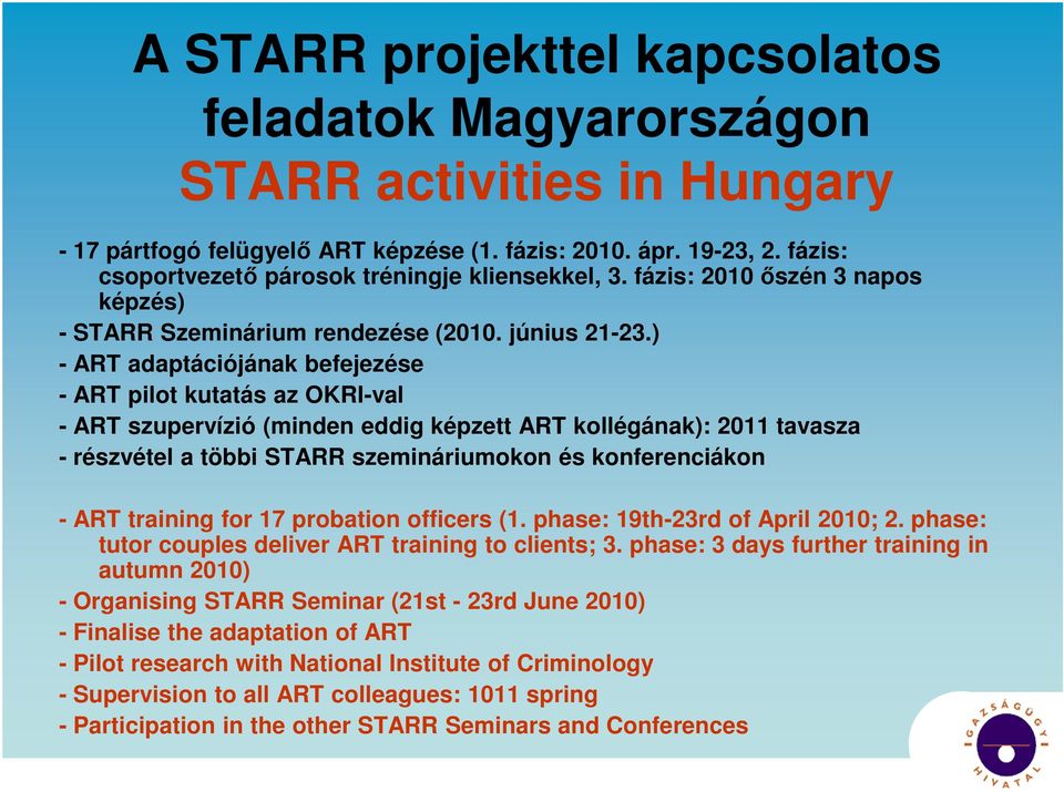 ) - ART adaptációjának befejezése - ART pilot kutatás az OKRI-val - ART szupervízió (minden eddig képzett ART kollégának): 2011 tavasza - részvétel a többi STARR szemináriumokon és konferenciákon -