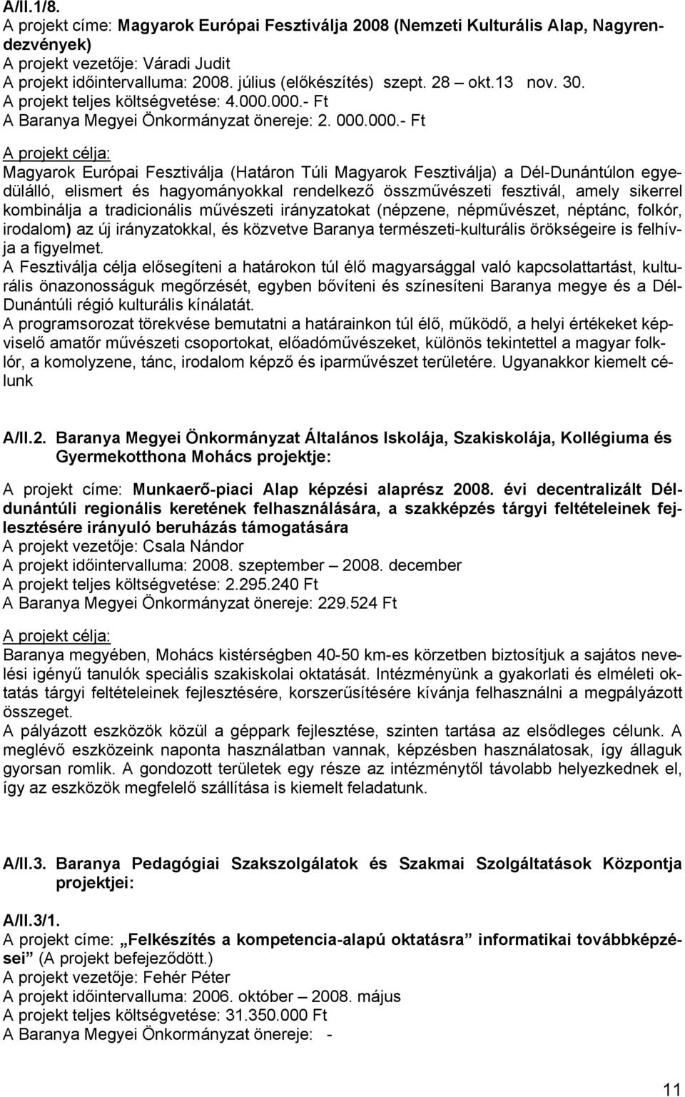 000.- Ft A Baranya Megyei Önkormányzat önereje: 2. 000.000.- Ft A projekt célja: Magyarok Európai Fesztiválja (Határon Túli Magyarok Fesztiválja) a Dél-Dunántúlon egyedülálló, elismert és