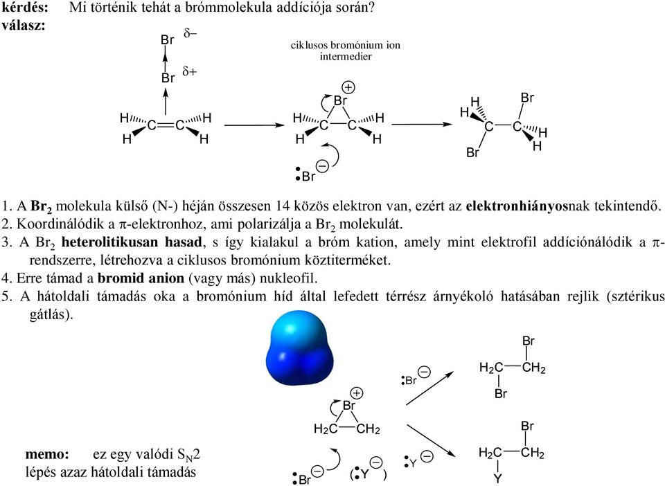 A 2 heterolitikusan hasad, s így kialakul a bróm kation, amely mint elektrofil addíciónálódik a - rendszerre, létrehozva a ciklusos bromónium köztiterméket. 4.