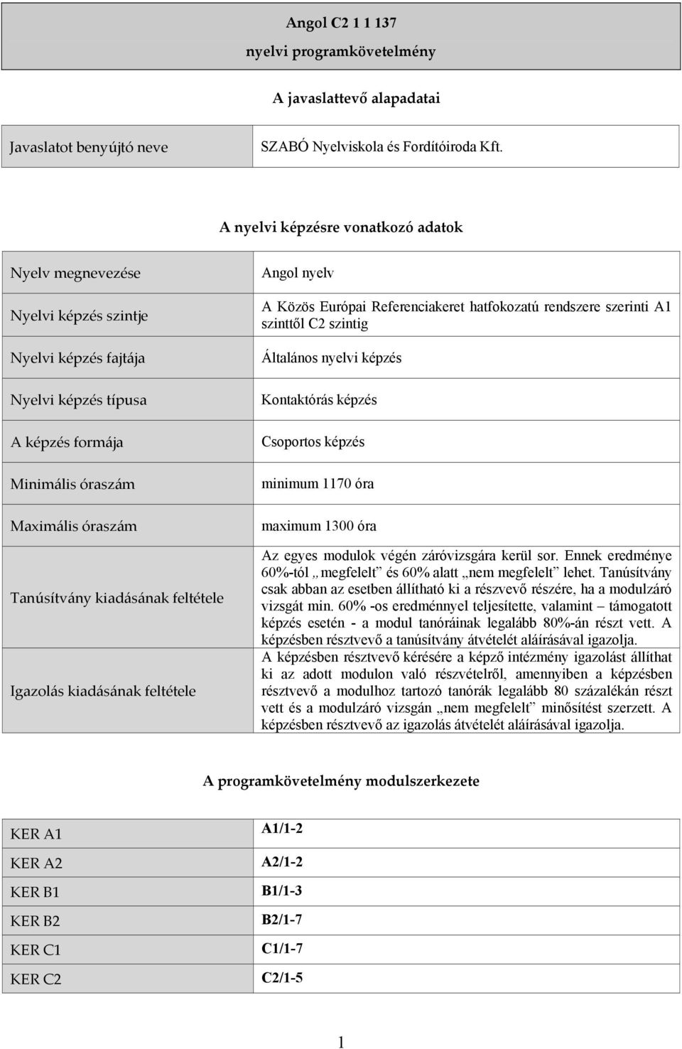 feltétele Igazolás kiadásának feltétele Angol nyelv A Közös Európai Referenciakeret hatfokozatú rendszere szerinti A1 szinttől C2 szintig Általános nyelvi képzés Kontaktórás képzés Csoportos képzés