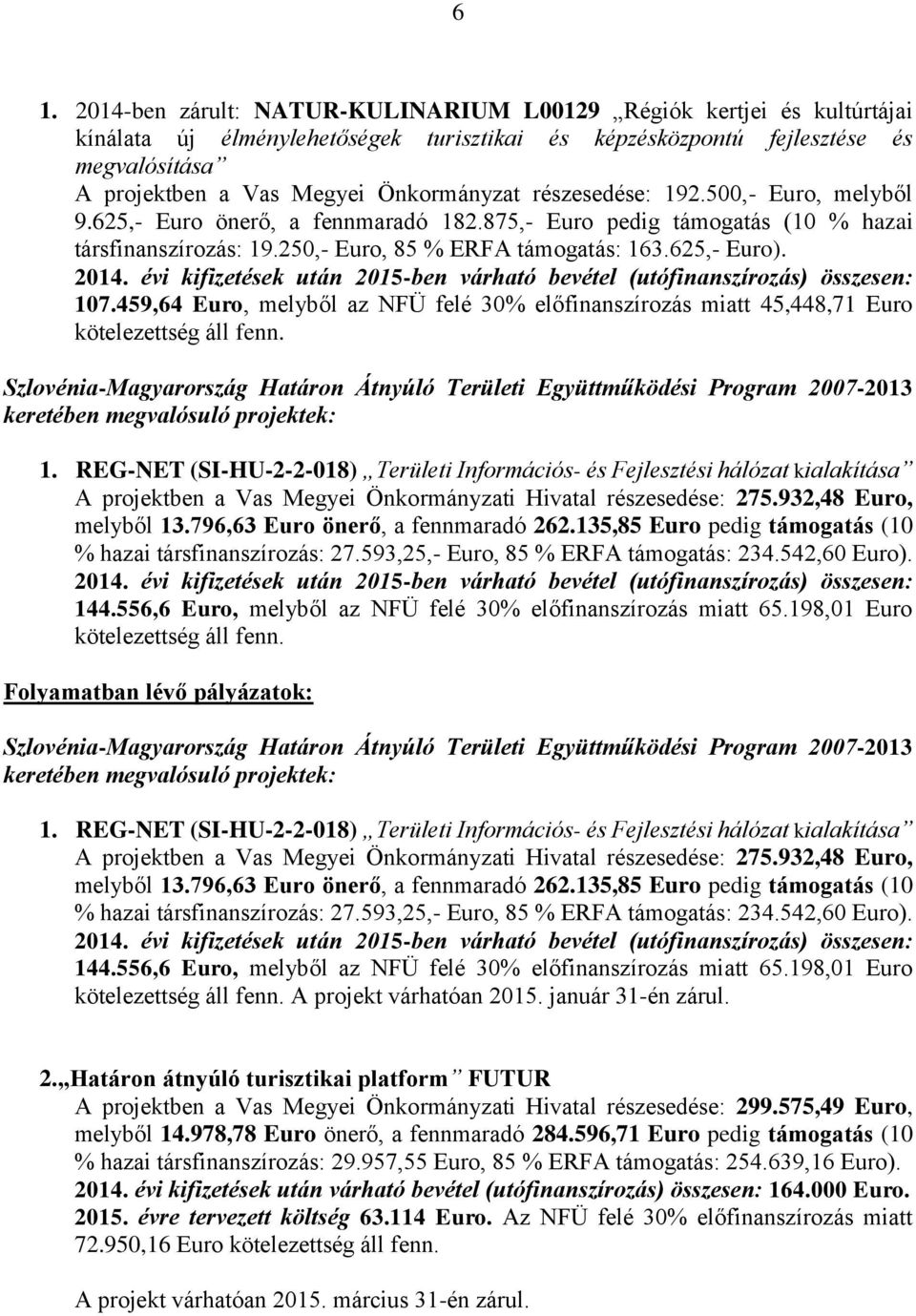 2014. évi kifizetések után 2015-ben várható bevétel (utófinanszírozás) összesen: 107.459,64 Euro, melyből az NFÜ felé 30% előfinanszírozás miatt 45,448,71 Euro kötelezettség áll fenn.