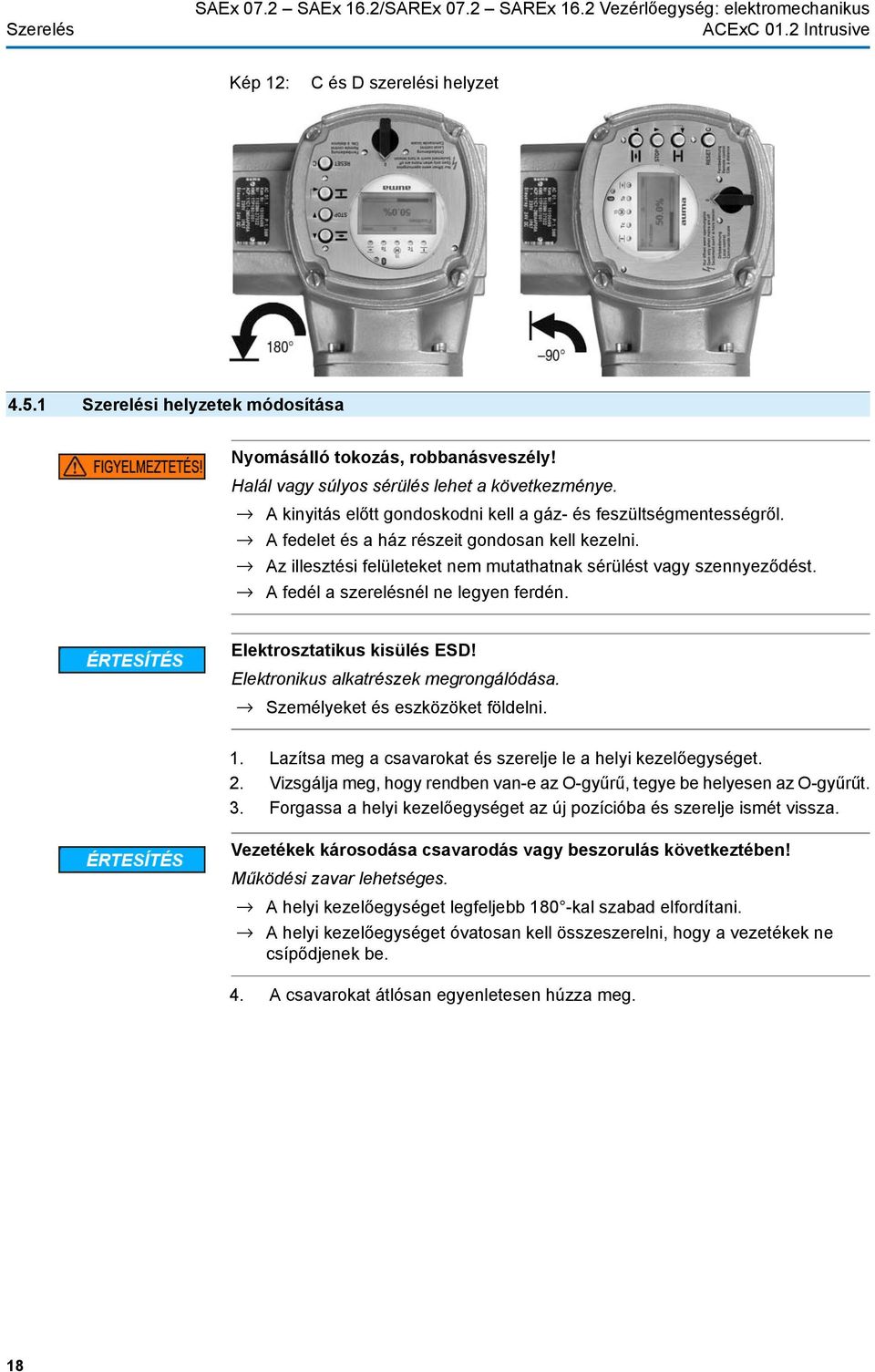 Az illesztési felületeket nem mutathatnak sérülést vagy szennyeződést. A fedél a szerelésnél ne legyen ferdén. Elektrosztatikus kisülés ESD! Elektronikus alkatrészek megrongálódása.