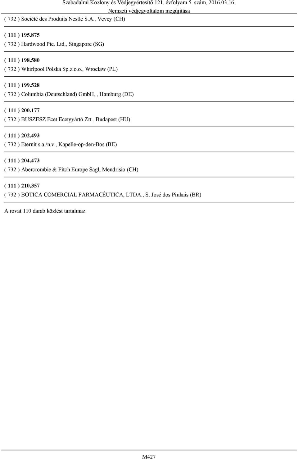 , Budapest (HU) ( 111 ) 202.493 ( 732 ) Eternit s.a./n.v., Kapelle-op-den-Bos (BE) ( 111 ) 204.