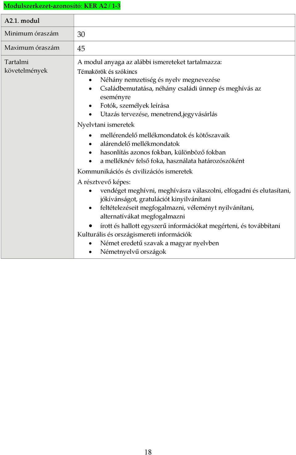 modul Minimum óraszám 30 Maximum óraszám 45 : Néhány nemzetiség és nyelv megnevezése Családbemutatása, néhány családi ünnep és meghívás az eseményre Fotók, személyek leírása Utazás