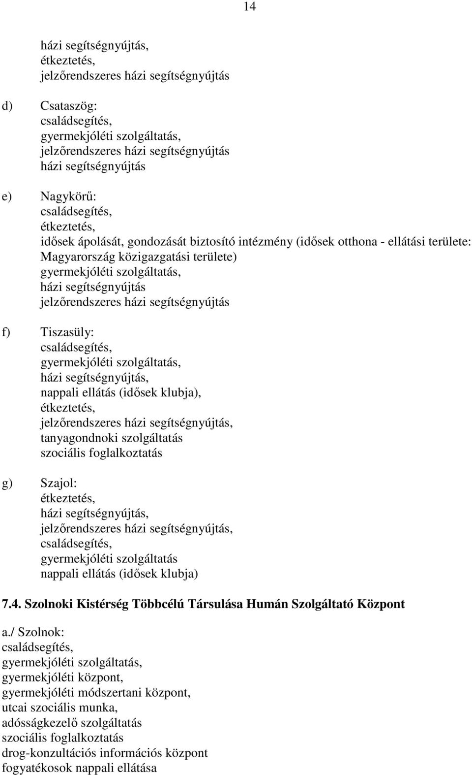 jelzőrendszeres tanyagondnoki szolgáltatás szociális foglalkoztatás g) Szajol: étkeztetés, jelzőrendszeres gyermekjóléti szolgáltatás nappali ellátás (idősek klubja) 7.4.