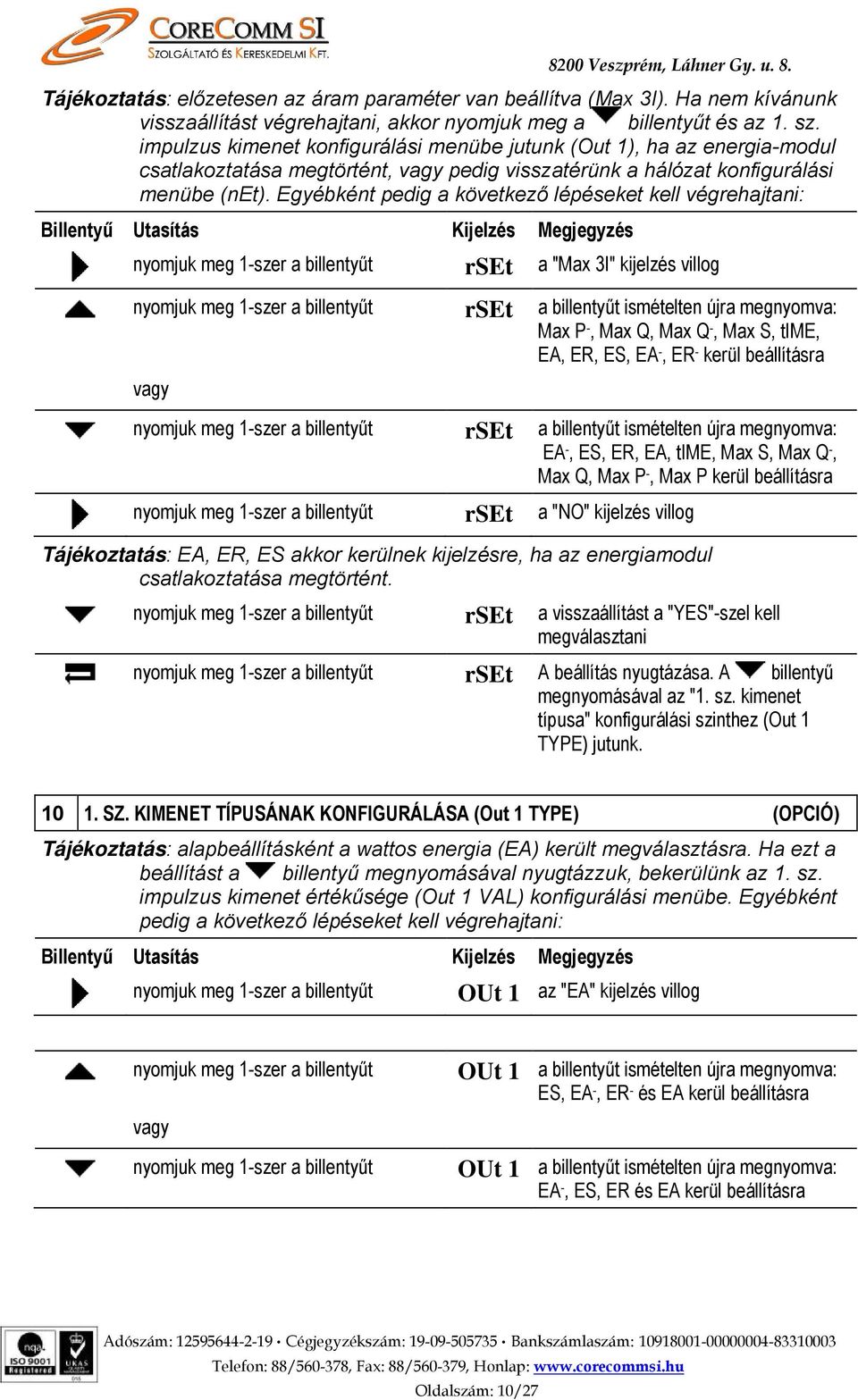 Egyébként pedig a következő lépéseket kell végrehajtani: rset a "Max 3I" kijelzés villog rset a billentyűt ismételten újra megnyomva: Max P -, Max Q, Max Q -, Max S, time, EA, ER, ES, EA -, ER -