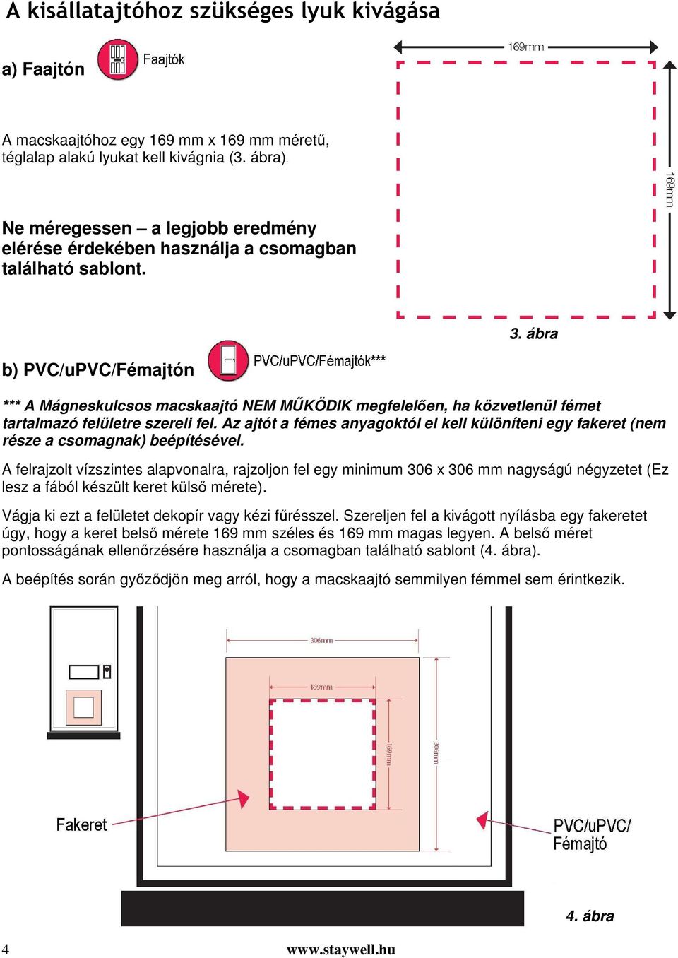 ábra b) PVC/uPVC/Fémajtón *** A Mágneskulcsos macskaajtó NEM MŰKÖDIK megfelelően, ha közvetlenül fémet tartalmazó felületre szereli fel.