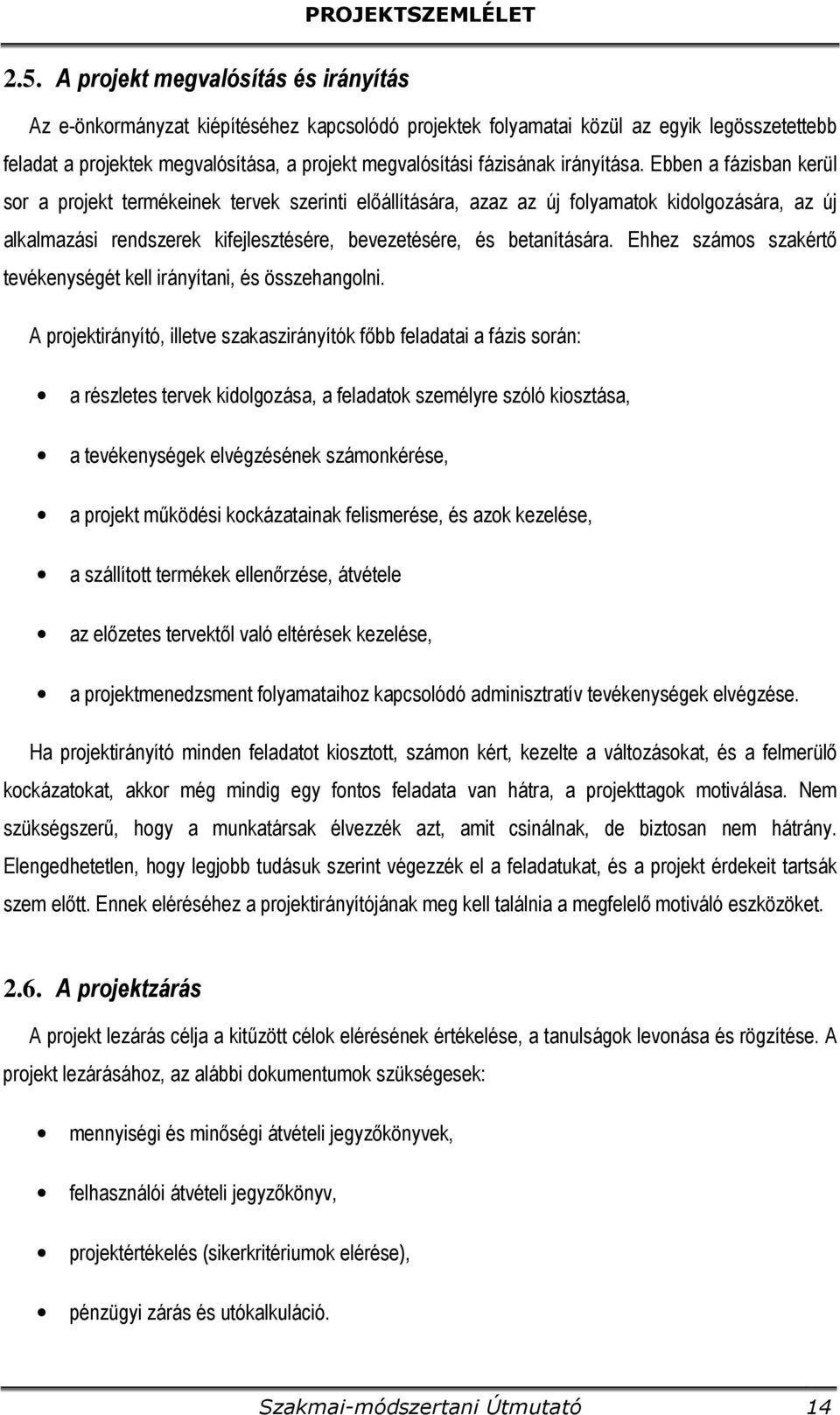 Ebben a fázisban kerül sor a projekt termékeinek tervek szerinti előállítására, azaz az új folyamatok kidolgozására, az új alkalmazási rendszerek kifejlesztésére, bevezetésére, és betanítására.