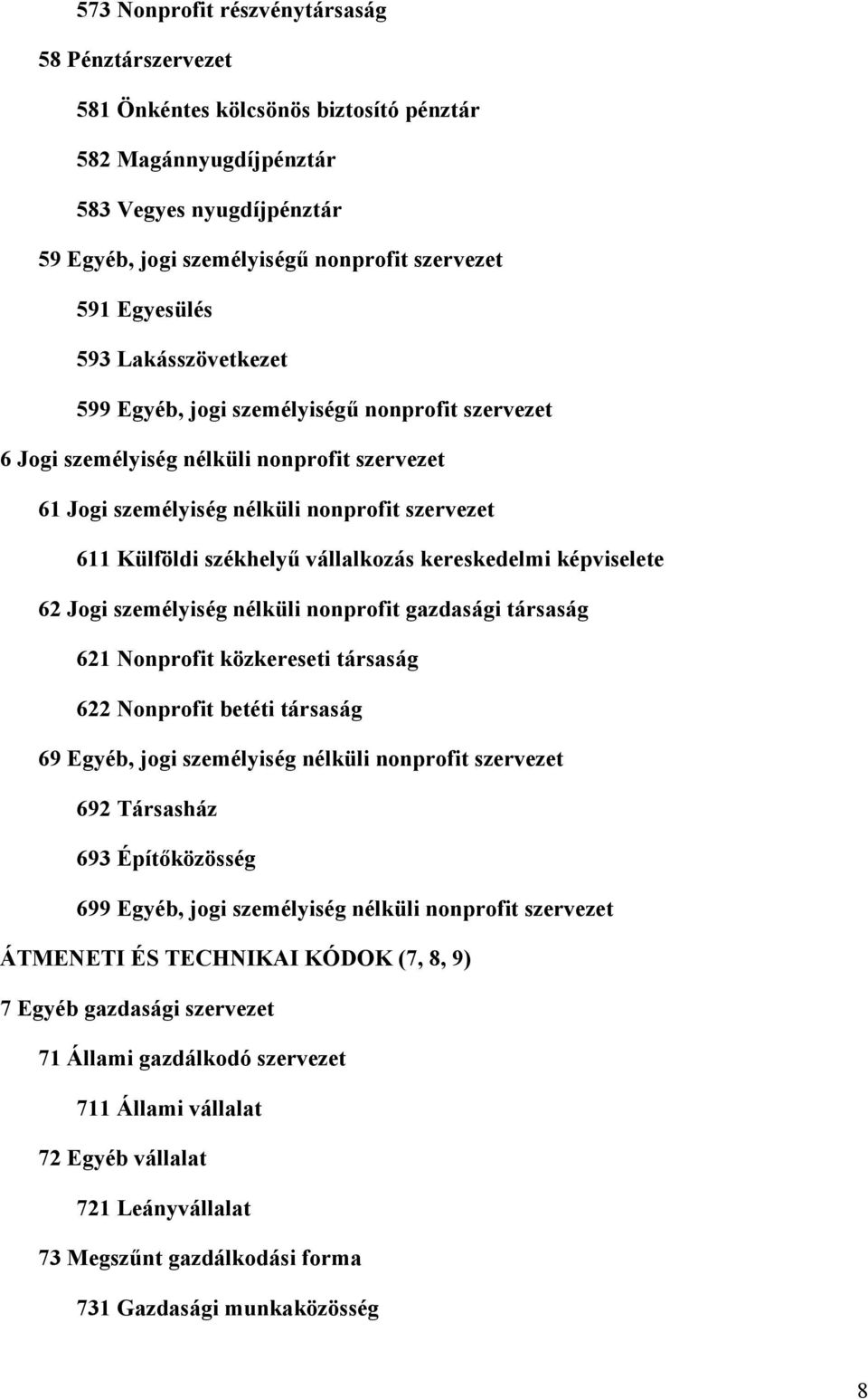 vállalkozás kereskedelmi képviselete 62 Jogi személyiség nélküli nonprofit gazdasági társaság 621 Nonprofit közkereseti társaság 622 Nonprofit betéti társaság 69 Egyéb, jogi személyiség nélküli