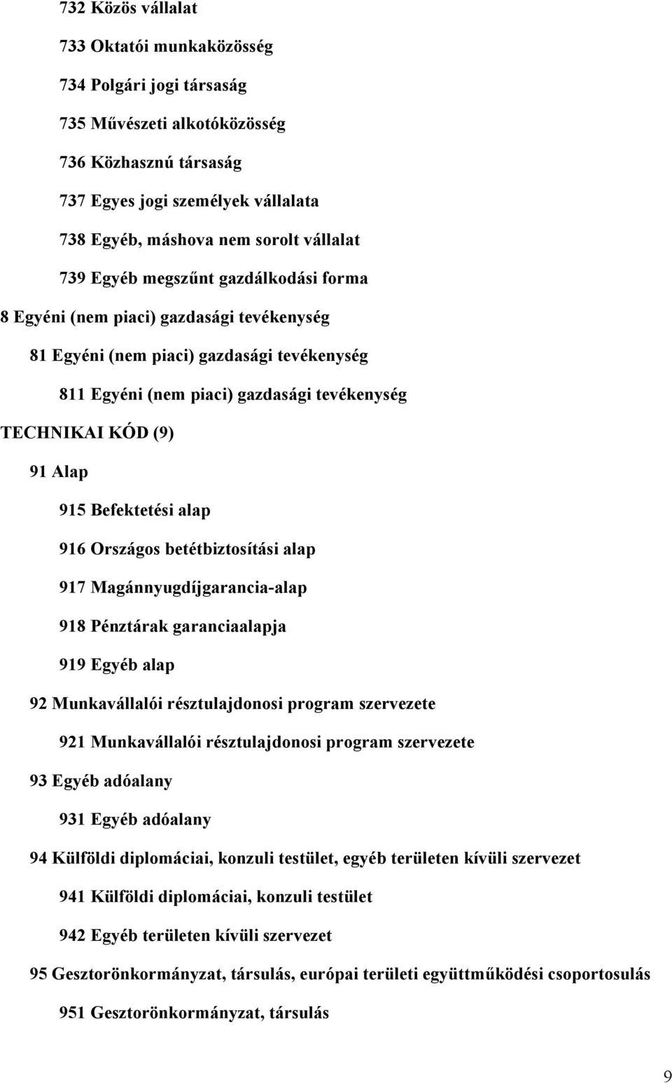 Befektetési alap 916 Országos betétbiztosítási alap 917 Magánnyugdíjgarancia-alap 918 Pénztárak garanciaalapja 919 Egyéb alap 92 Munkavállalói résztulajdonosi program szervezete 921 Munkavállalói