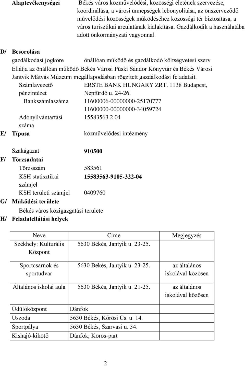 D/ Besorolása gazdálkodási jogköre önállóan működő és gazdálkodó költségvetési szerv Ellátja az önállóan működő Békés Városi Püski Sándor Könyvtár és Békés Városi Jantyik Mátyás Múzeum