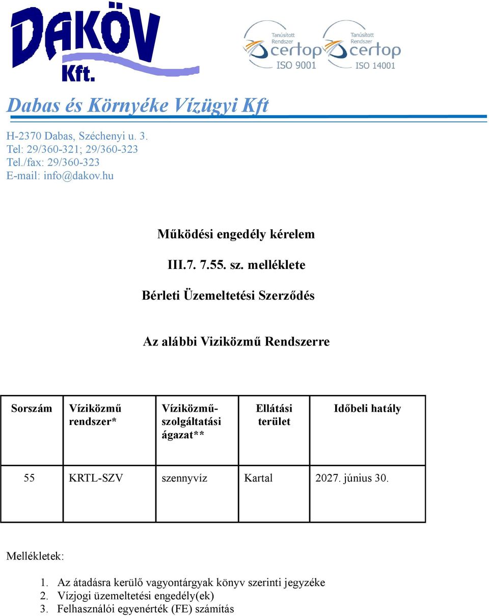 mellklete Brleti Üzemeltetsi Szerződs Az albbi Vizikzm Rendszerre Sorszm Vzikzm rendszer* Vzikzmszolgltatsi gazat**