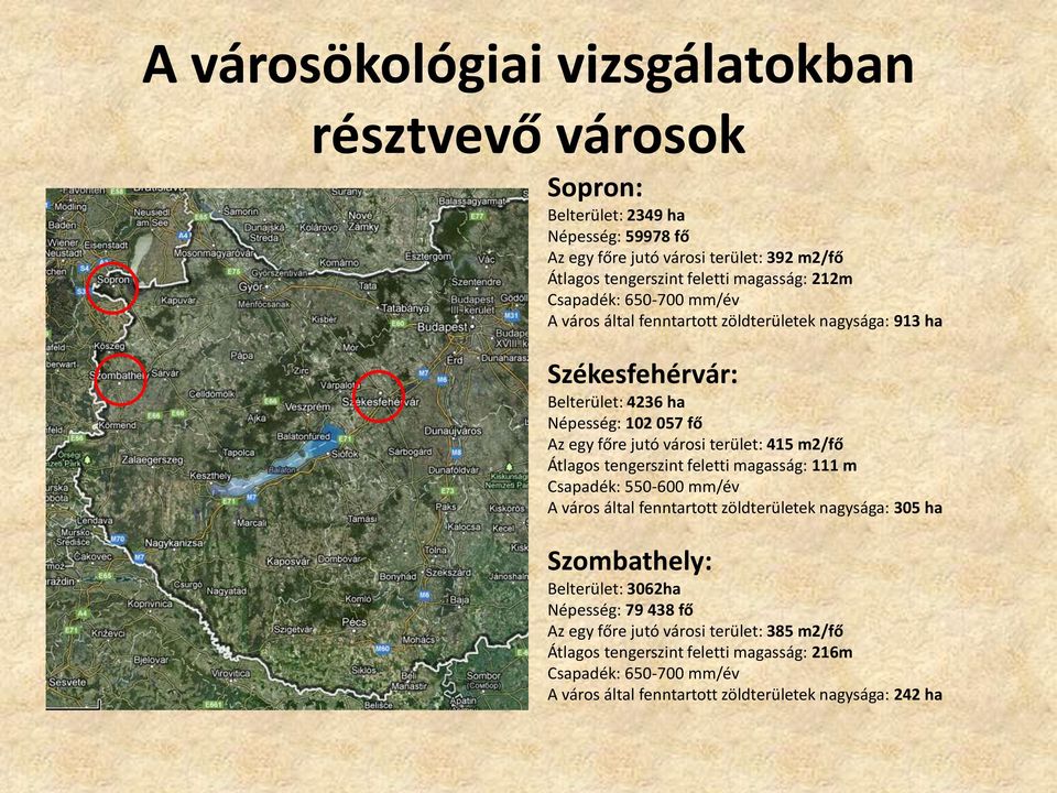 terület: 415 m2/fő Átlagos tengerszint feletti magasság: 111 m Csapadék: 550-600 mm/év A város által fenntartott zöldterületek nagysága: 305 ha Szombathely: Belterület: 3062ha