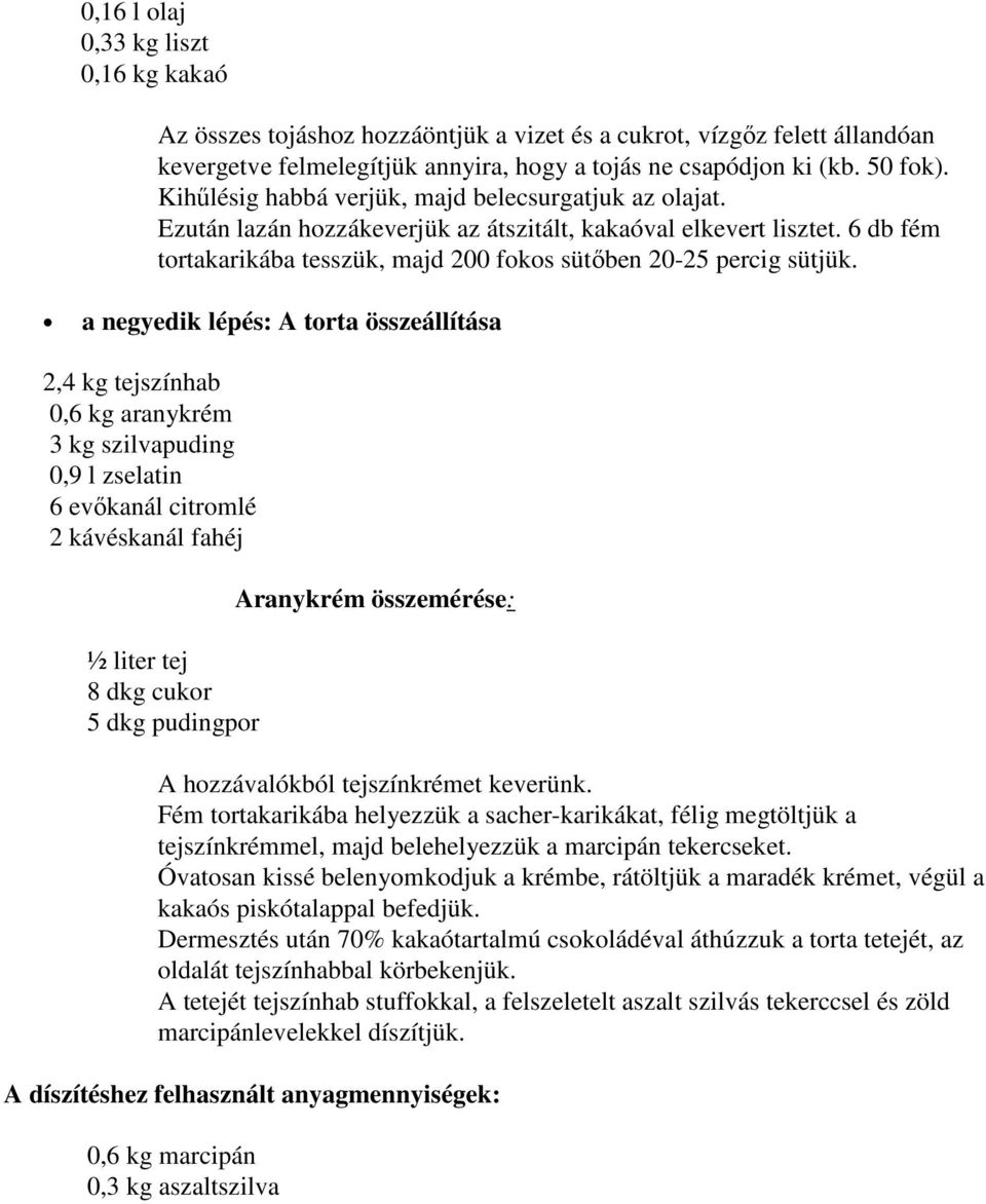 a negyedik lépés: A torta összeállítása 2,4 kg tejszínhab 0,6 kg aranykrém 3 kg szilvapuding 0,9 l zselatin 6 evıkanál citromlé 2 kávéskanál fahéj ½ liter tej 8 dkg cukor 5 dkg pudingpor Aranykrém