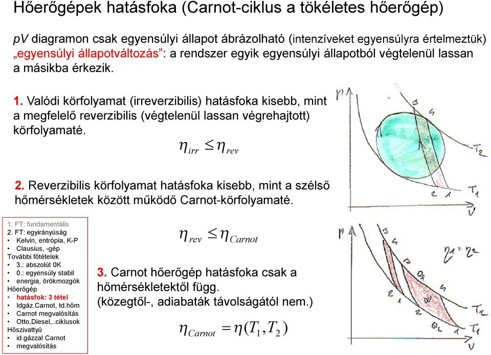 h irr h rev. Reverzibilis körfolyamat hatásfoka kisebb, mint a szélső hőmérsékletek között működő Carnot-körfolyamaté.. F: fundamentális.