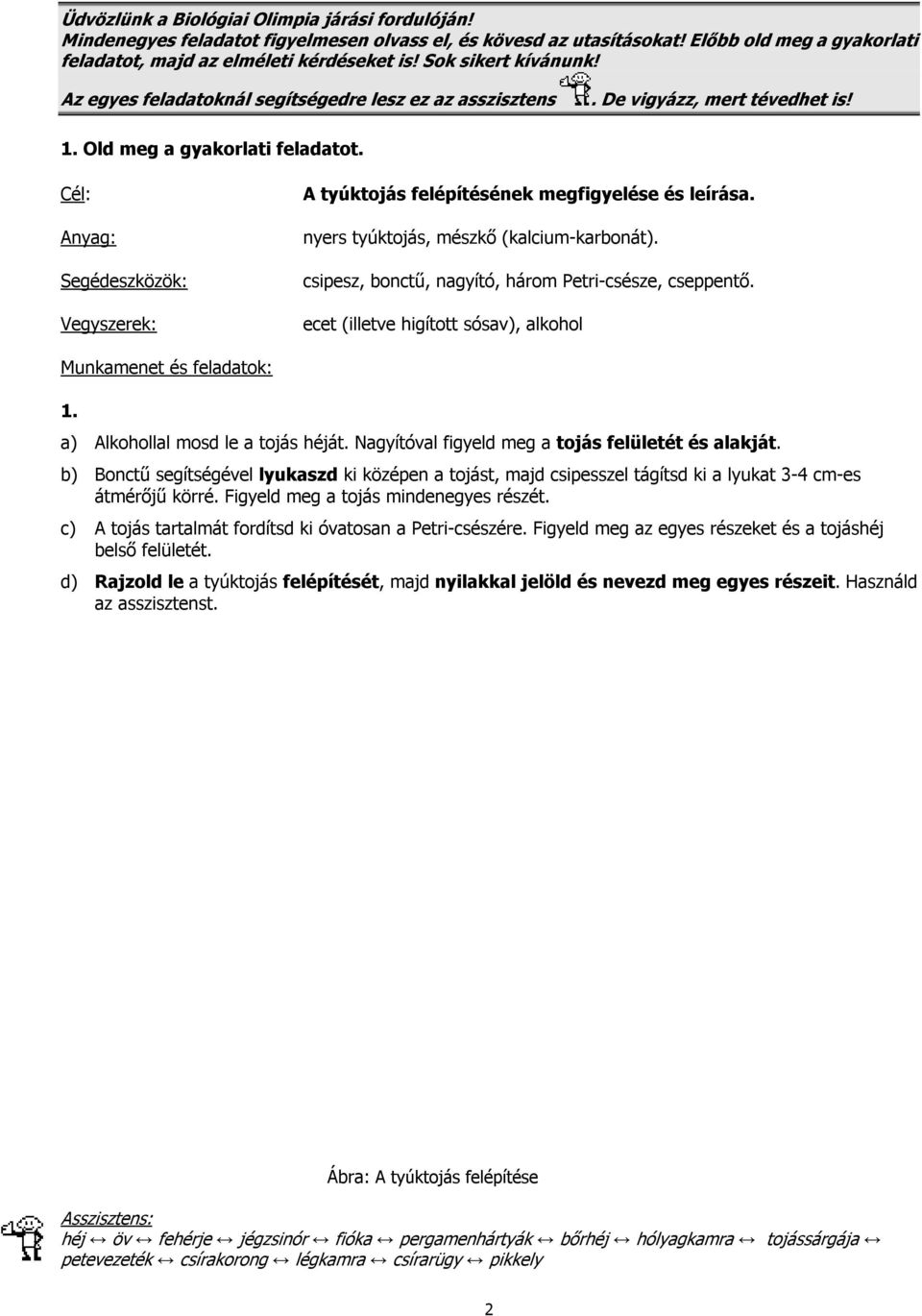 Cél: Anyag: Segédeszközök: Vegyszerek: A tyúktojás felépítésének megfigyelése és leírása. nyers tyúktojás, mészkő (kalcium-karbonát). csipesz, bonctű, nagyító, három Petri-csésze, cseppentő.