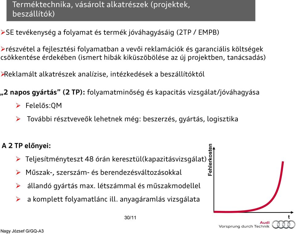 intézkedések a beszállítóktól 2 napos gyártás (2 TP): folyamatminőség és kapacitás vizsgálat/jóváhagyása Felelős:QM További résztveveők lehetnek még: beszerzés, gyártás, logisztika A 2 TP előnyei: